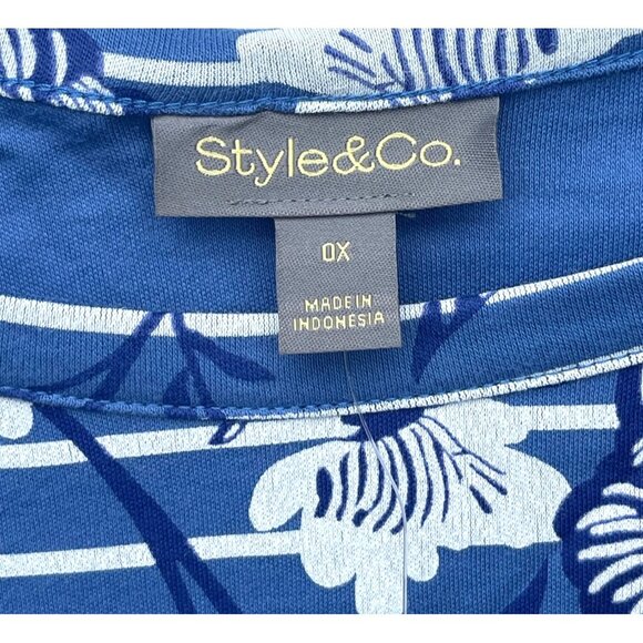 Style & Co. Womens Floral Print Striped 3/4 Sleeve Top Size 0X Blue/White - Picture 6 of 7